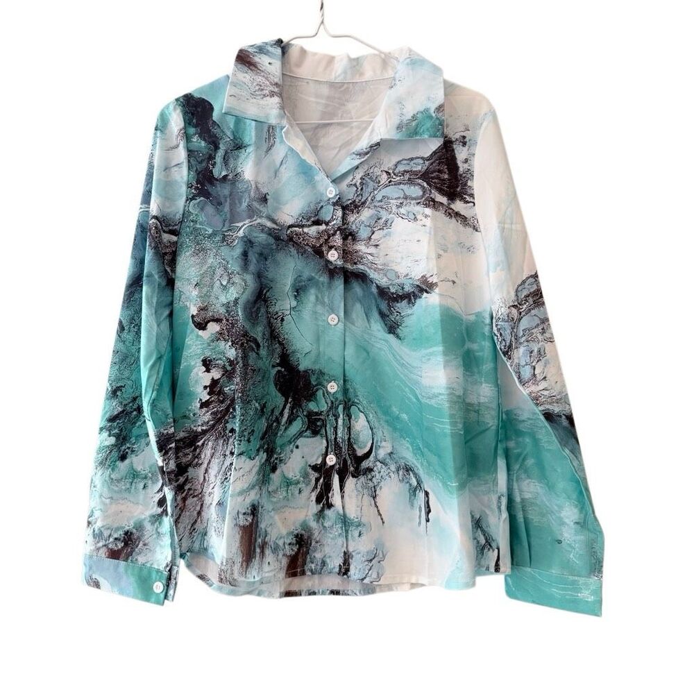 NWT Shein Abstract Marble Long Sleeve Button-Down Turquoise White Shirt Medium